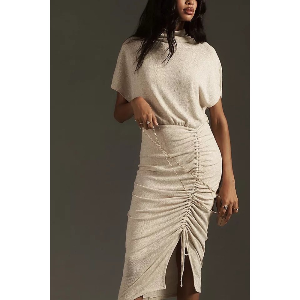 Black Halo Cowl Neck Iliana Ruched Sheath‎ Dress Metallic Party XS